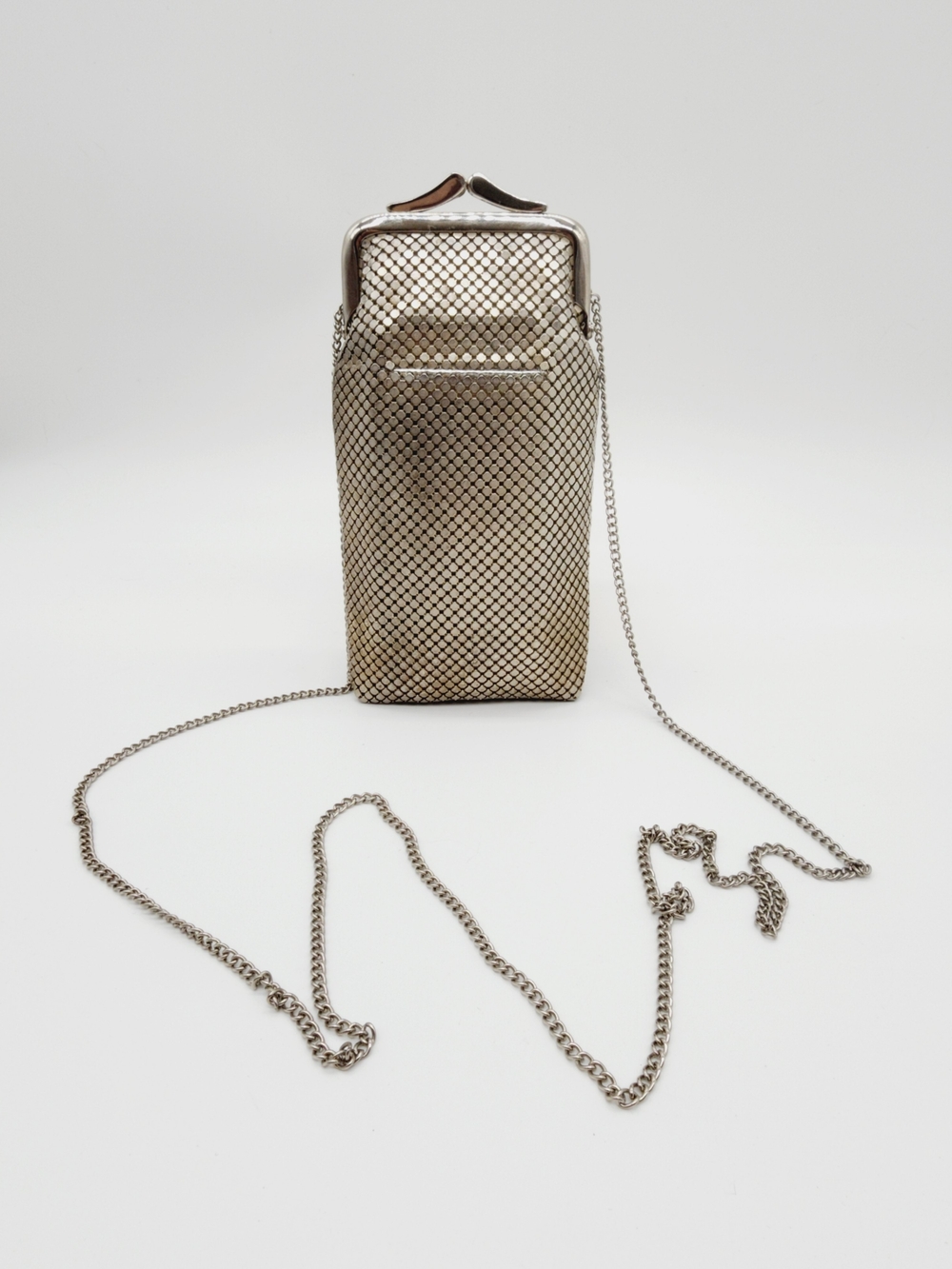 Whiting & Davis Vintage Kisslock Small Evening Purse Silver Metal Chain